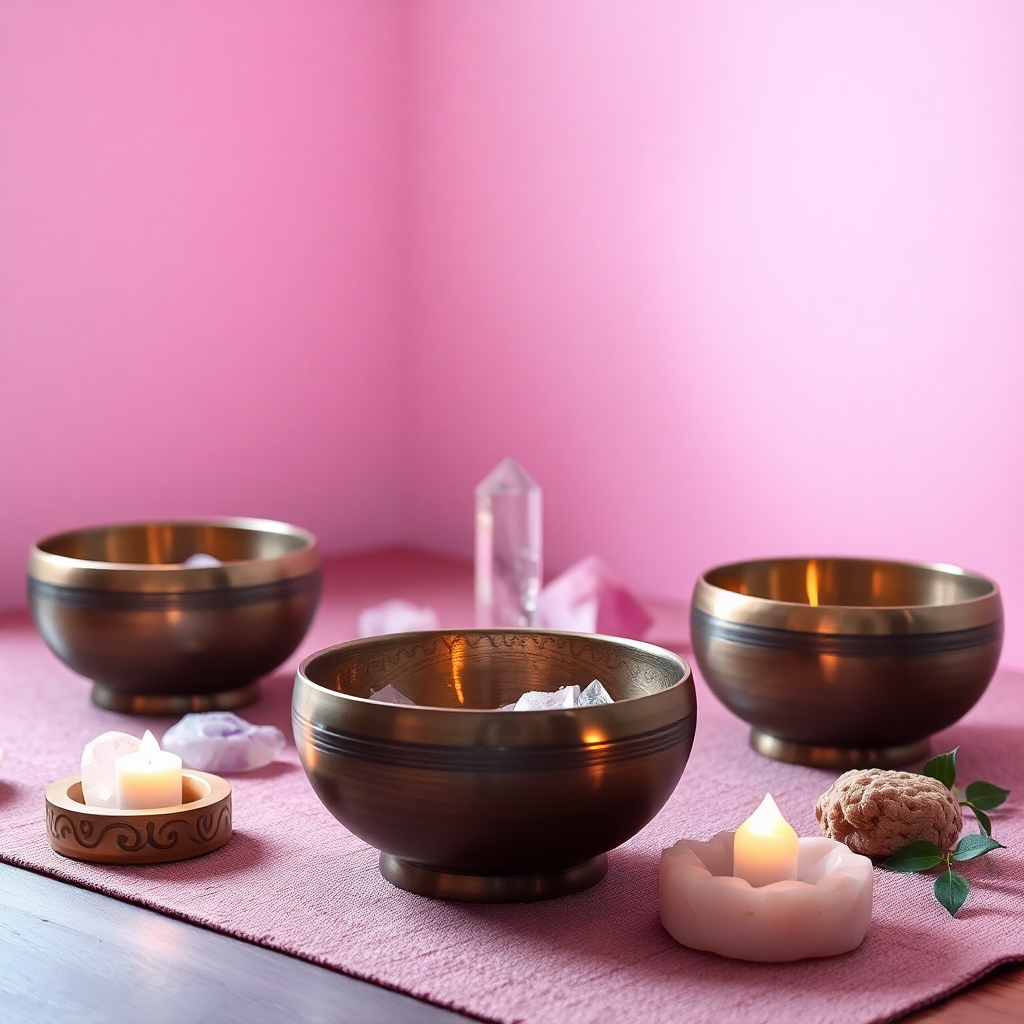 Singing bowls and crystals for sound bath healing, peaceful meditation setup with pink and purple tones