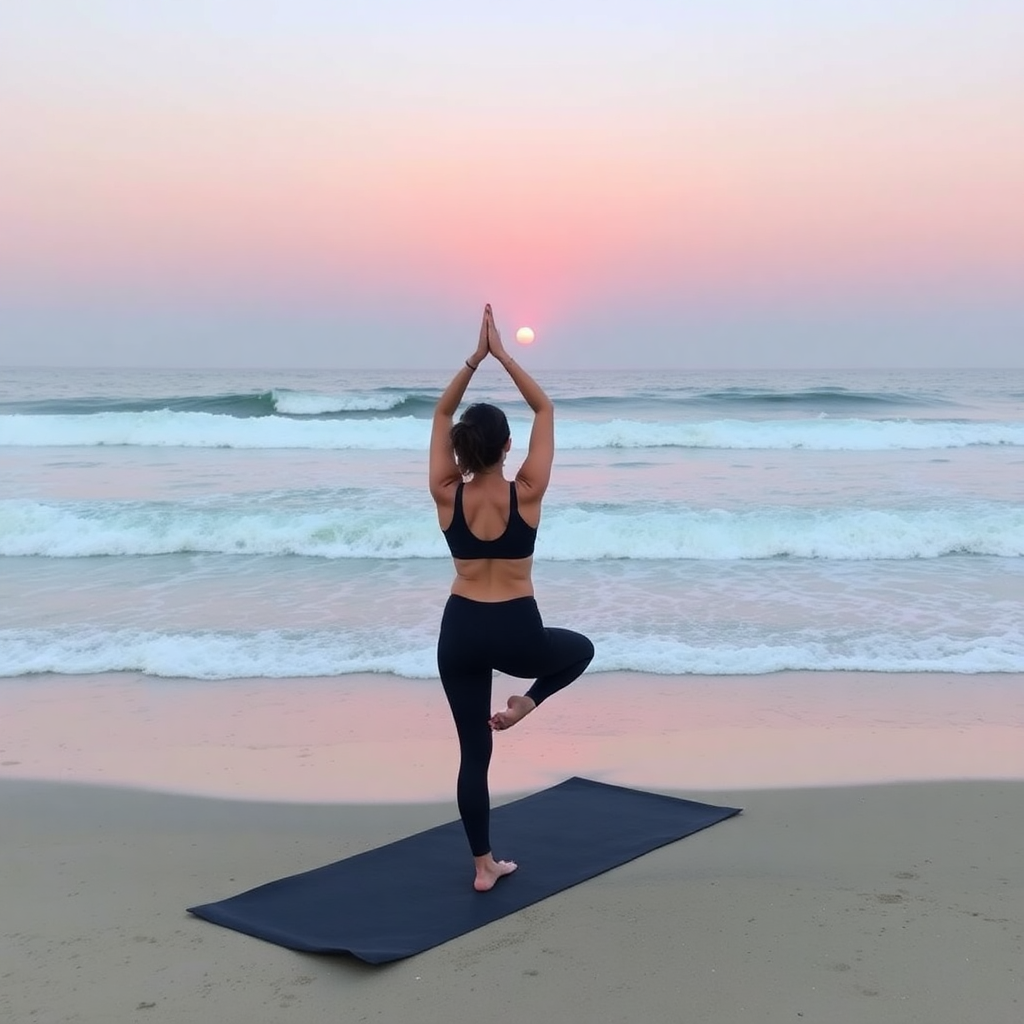 Beach yoga at sunset in Southern California, ocean waves, peaceful outdoor practice